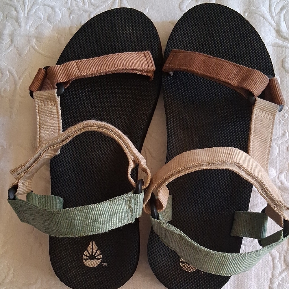Striped Strap Outdoor Sandals  in Black with Brown, Tan & Green Straps . Sanuk